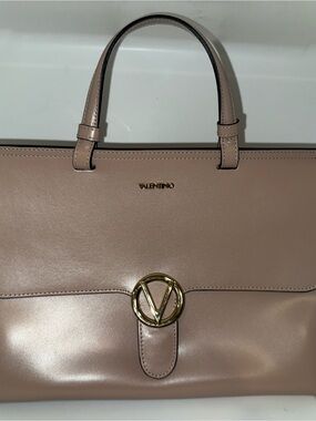 Valentino by Mario Valentino Beige Satchel Top Handle Bag with Logo Accent